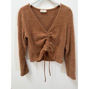 Altar'd State Brown Textured Knit Long Sleeve V-Neck Pullover Sweater With Adjus